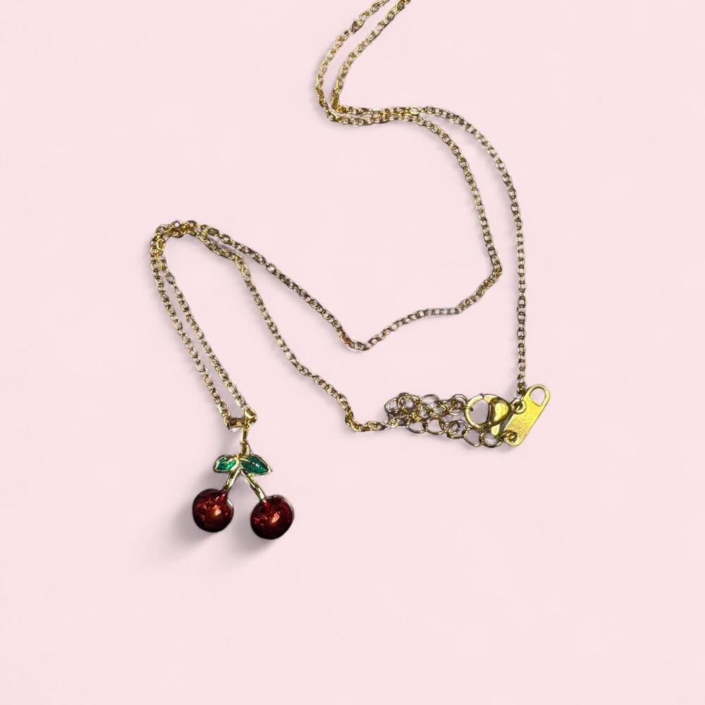 Women's Gold Cherry Charm and Necklace 16 Inches Y2k Cute Girly Preppy Trendy